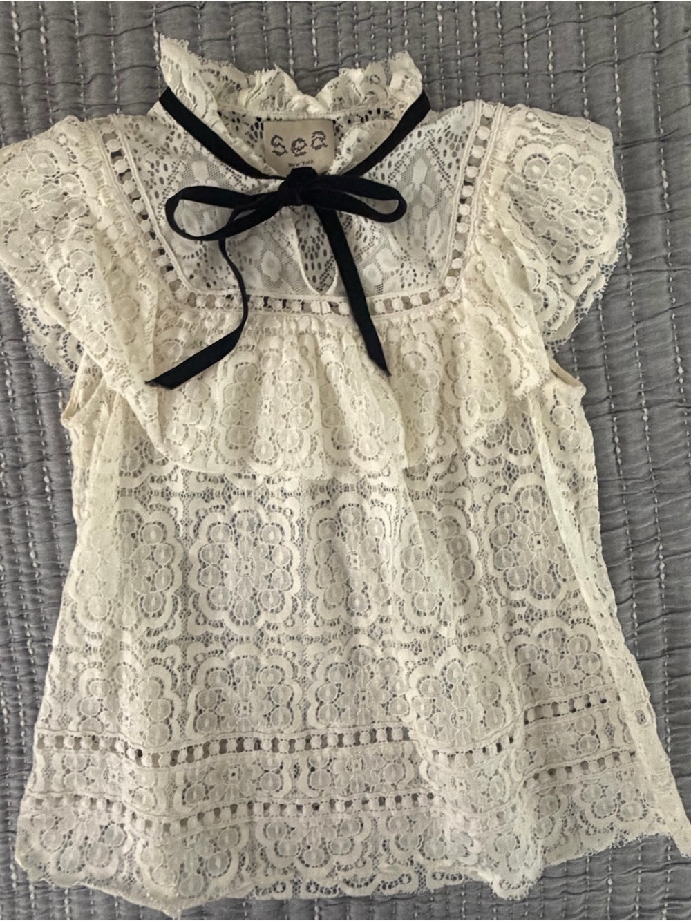 SEA lace blouse with velvet ribbon tie top.